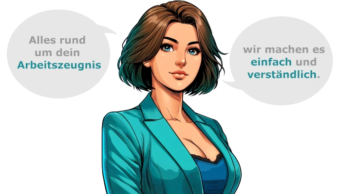 Frau (comic) sagt in einer Sprechblase: Alles rund um dein Arbeitszeugnis, wir machen es einfach und verständlich.