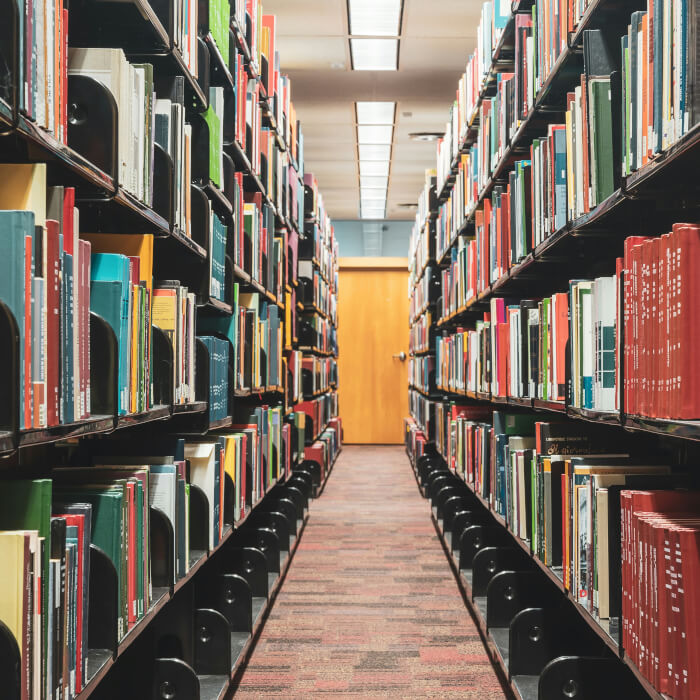 Ein Fotoshooting in den Fluren der örtlichen Bibliothek. Bibliothekare haben die Bücher ordentlich sortiert, damit die Leser schnell das passende finden.